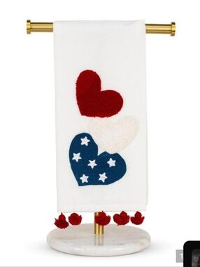 White Heart Appliqué Hand Towel with Red, Cream & Navy Accents